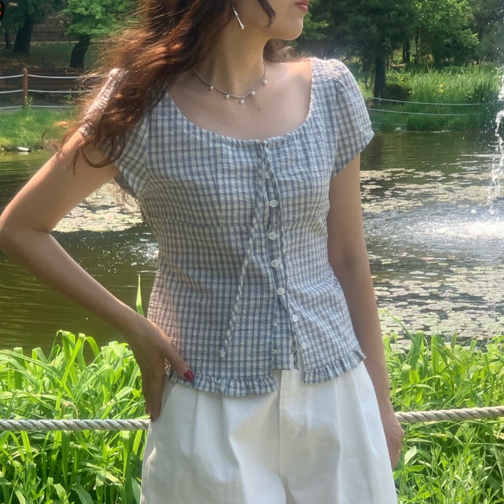 Korean Chin Retro Summer Ruffled Single-Breasted Short-Sleeved Plaid Shirt for Women 2025 New Trendy