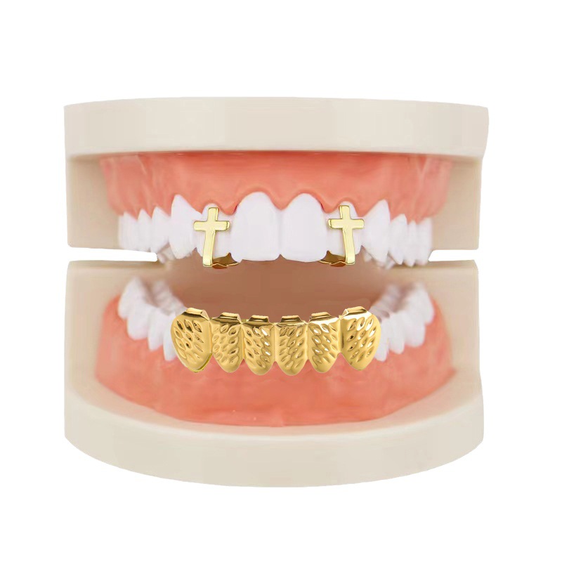 Picture of European and American hip-hop braces hiphop bright face single cross hollow suit wheat ear gold braces party decorative teeth