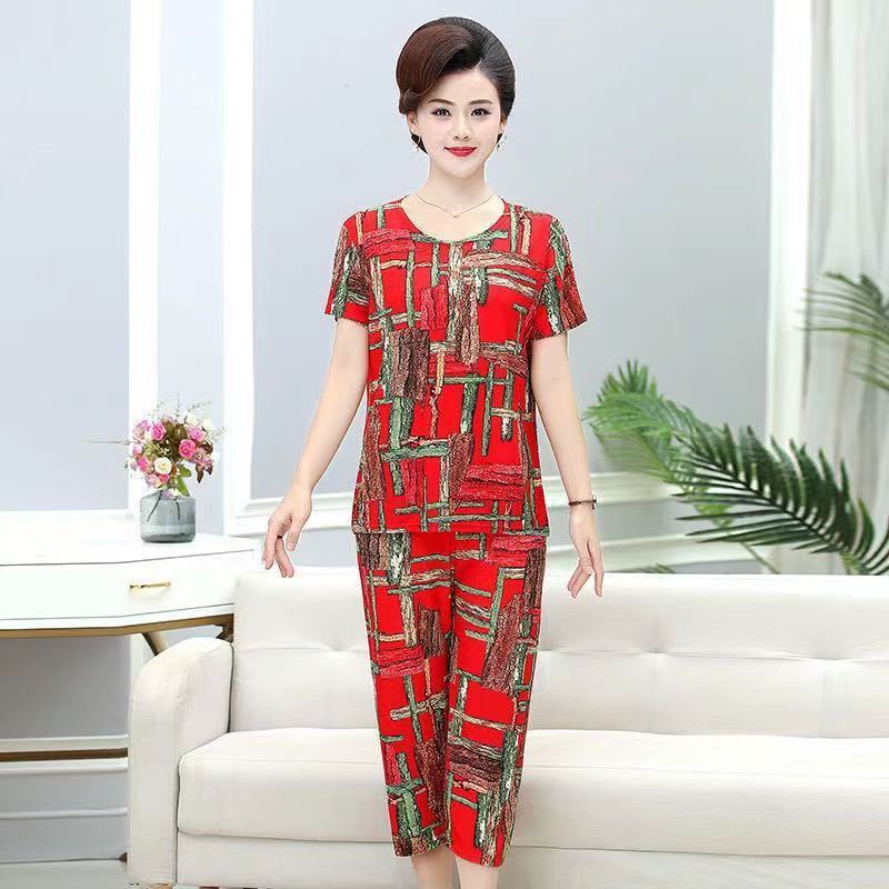 Mother's Summer Short-sleeved Cropped Pants Set Pajamas Home Daily Outer Wear Plus Size Ice Silk Thin Two-piece Set