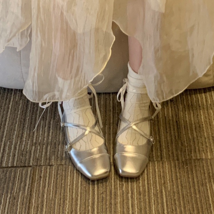 French Style Dress High Heels Fairy Thick Heel Mary Jane Shoes 2024 Summer New Silver Ballet Style Thick Heel Single-layer Shoes