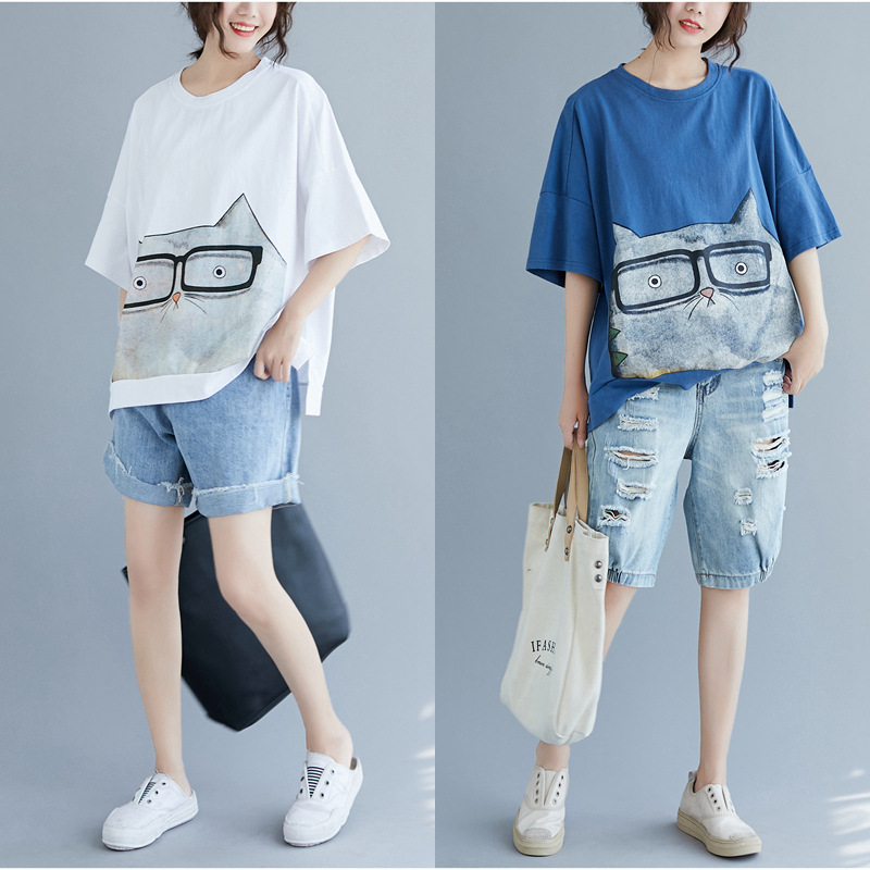 Picture of Small Fresh Plus Size Women's Clothing Cute Cartoon Print T-Shirt 2024 Fat mm Loose and Comfortable Simple Round Neck Top Summer