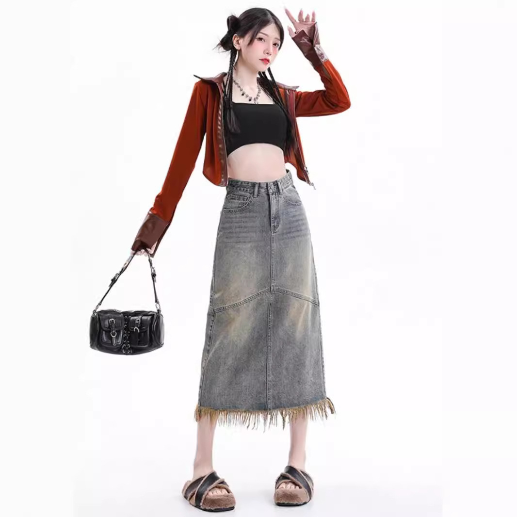 Summer Fashion High-End Splicing Petite Denim Skirt Women's Mid-Length High-Waisted A-Line Slim Skirt Trendy