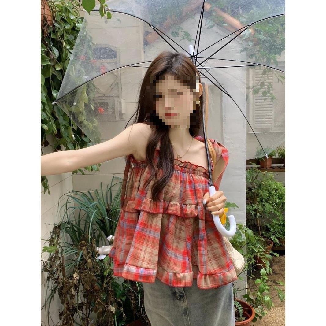 Western style plaid short sleeveless outer wear sling summer new sweet hot girl popular popular temperament vest top for women