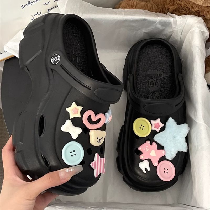 Increased Dopamine Hole Shoes Thick-soled Women's Summer Outer Wear Cute Non-slip Beach Sandals Closed-toe Half Slippers Holiday