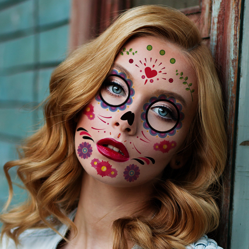 Picture of Cross-Border Waterproof and Sweat-Proof Day of the Dead Masquerade Funny Makeup Temporary Stickers Halloween Face Tattoo Stickers