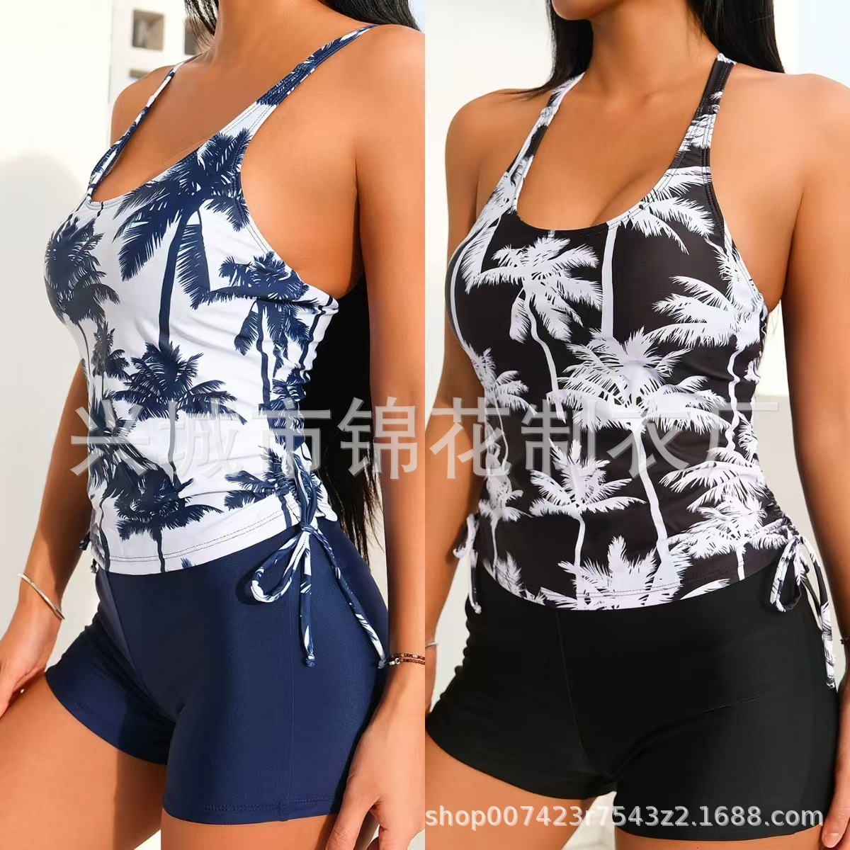 New European and American Coconut Tree Printed Drawstring Shoulder Strap Fashionable Conservative Belly Covering Tight Bikini Split Swimsuit for Women