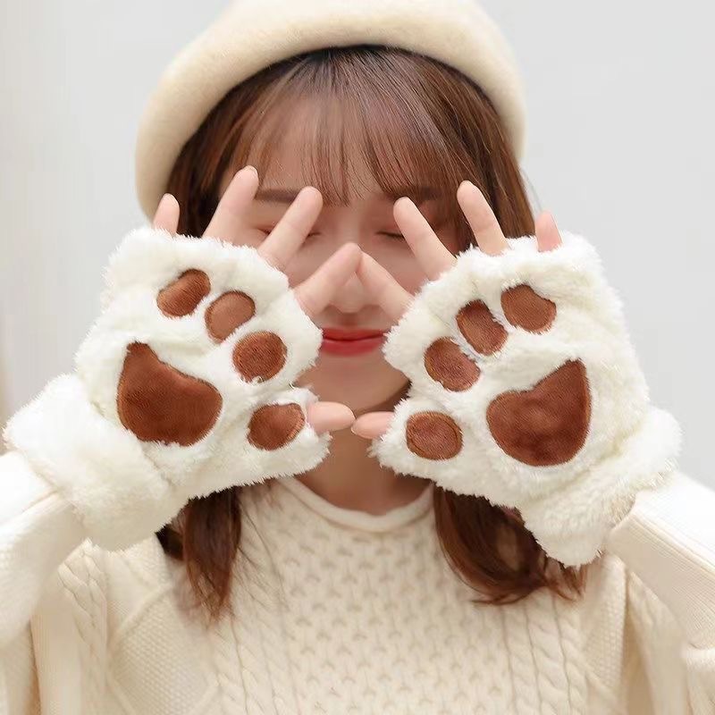 Autumn and winter thick warm half finger cute ladies plush student keyboard cat claw gloves cat anime rice white men
