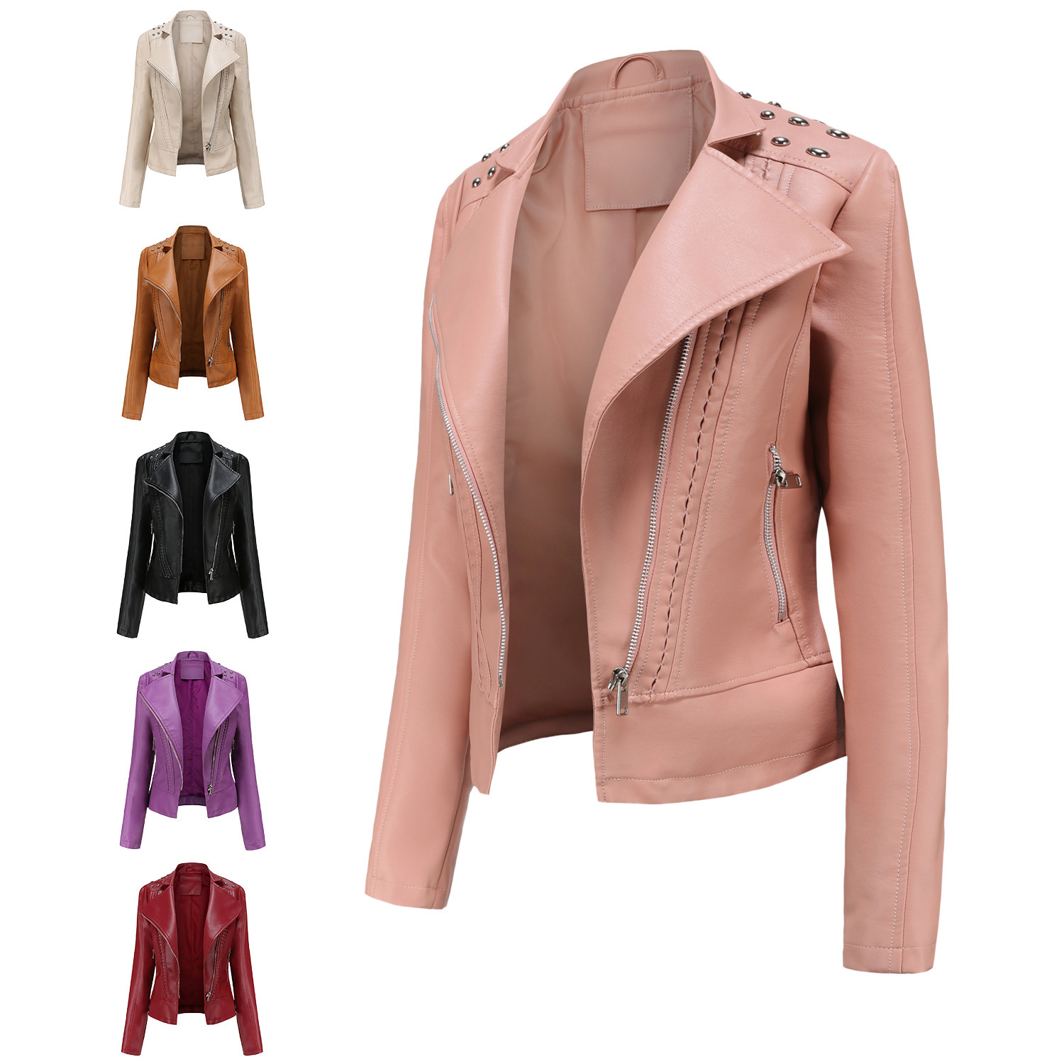 European Size Women's Beaded Leather Clothing Women's Long-sleeved Fashion Jacket Lapel Biker Clothing Thin Spring and Autumn Women's Jacket