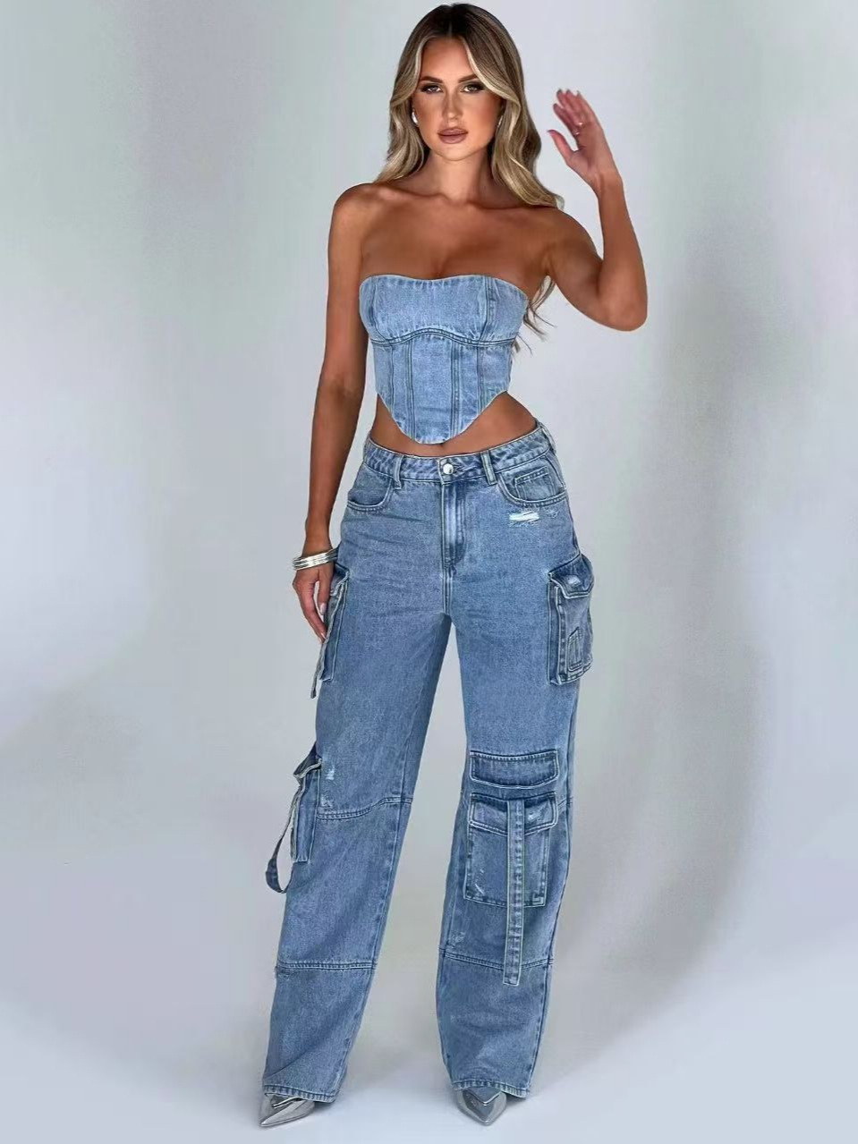Cross-border Foreign Trade Spice Girl Pants Straight Multi-pocket Denim Overalls Women's Ins Style All-match Loose Casual Pants for Women