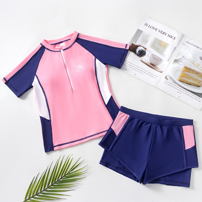 2025 New Girls' Swimsuit, Short-Sleeved Shorts, Spliced ​​Swimsuit, High Elastic Kidsren's Swimsuit
