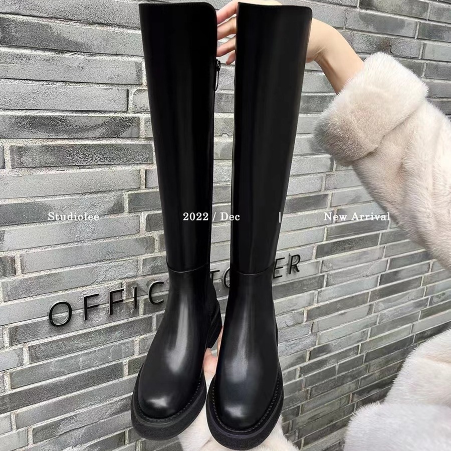 Grape Mom's Same Style 2025 New Thick-Soled Small Mid-Length Boots Elastic Knight Boots for Women Autumn and Winter Genuine Leather