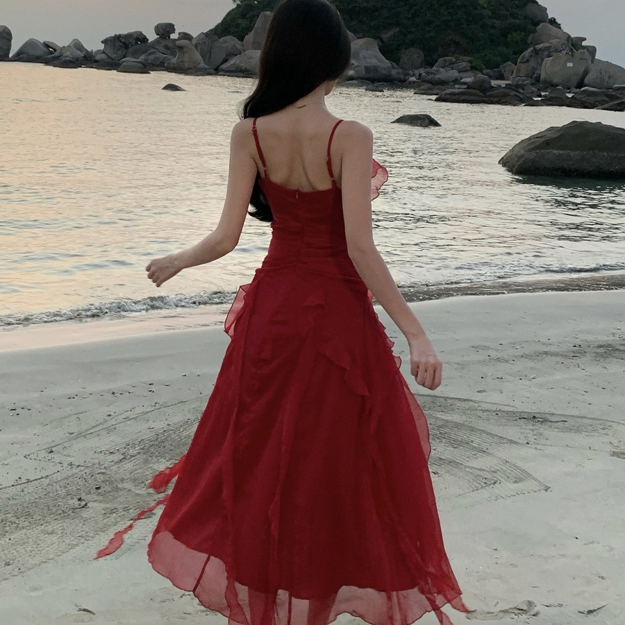 Picture of French Vacation Style Vintage Sling dress Red Engagement Dress Tight Waist Slimming Ruffled Beach Long Dress