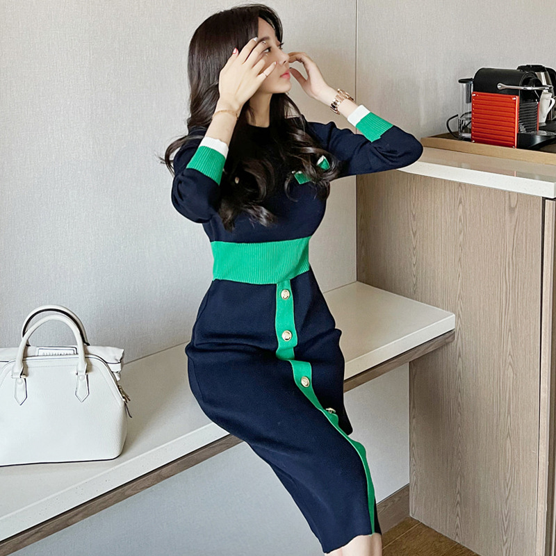 Foreign Trade Women's Clothing 2025 Autumn and Winter New Korean Style Elegant Slim Color Matching Single-Breasted Knitted Sweater Bottoming Skirt Jumpsuit