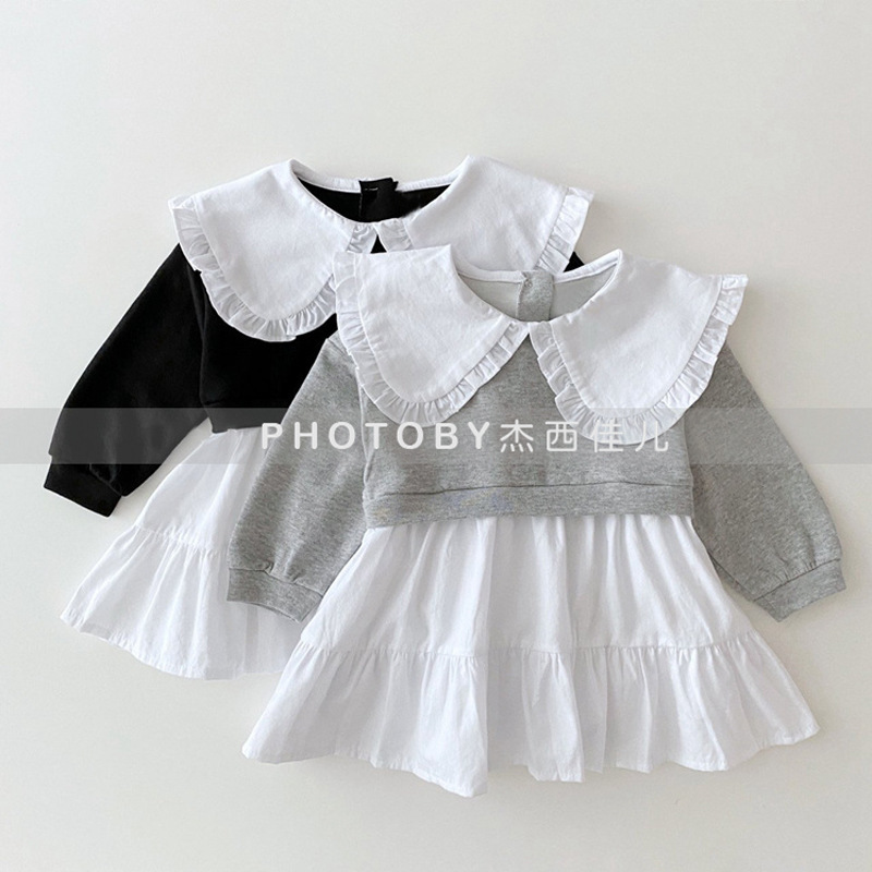 Korean Style Ins Spring and Autumn Children's Wear dress Stylish Lace Lapel Girl's Fashionable Stitching Colorblock Princess Dress