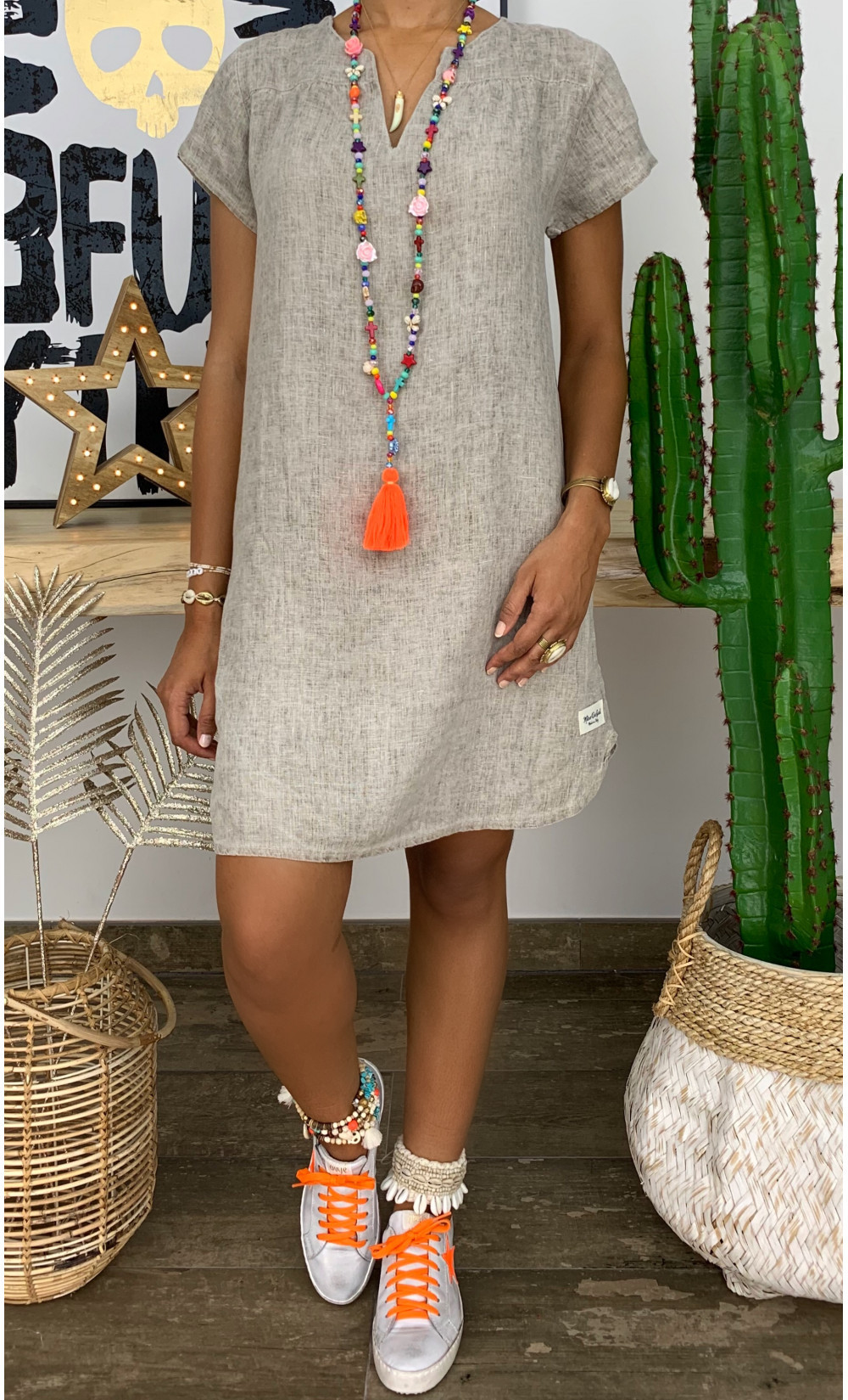 Picture of 2023 New Amazon WISH Hot Spring Summer Loose Skirt Short Sleeve V-Neck Solid Color Woven dress