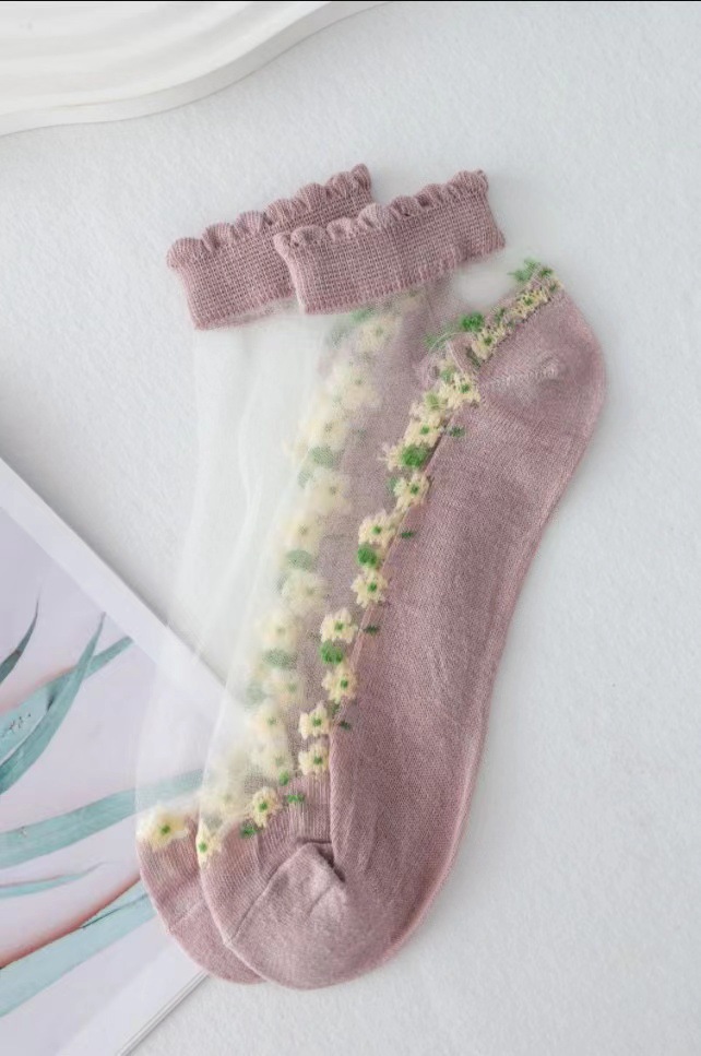 Picture of Floral Glass Silk Women's Summer Short Socks Japanese Style Cute Fresh Style ins Short Socks Cotton Bottom Sweat Absorbing Breathable Socks