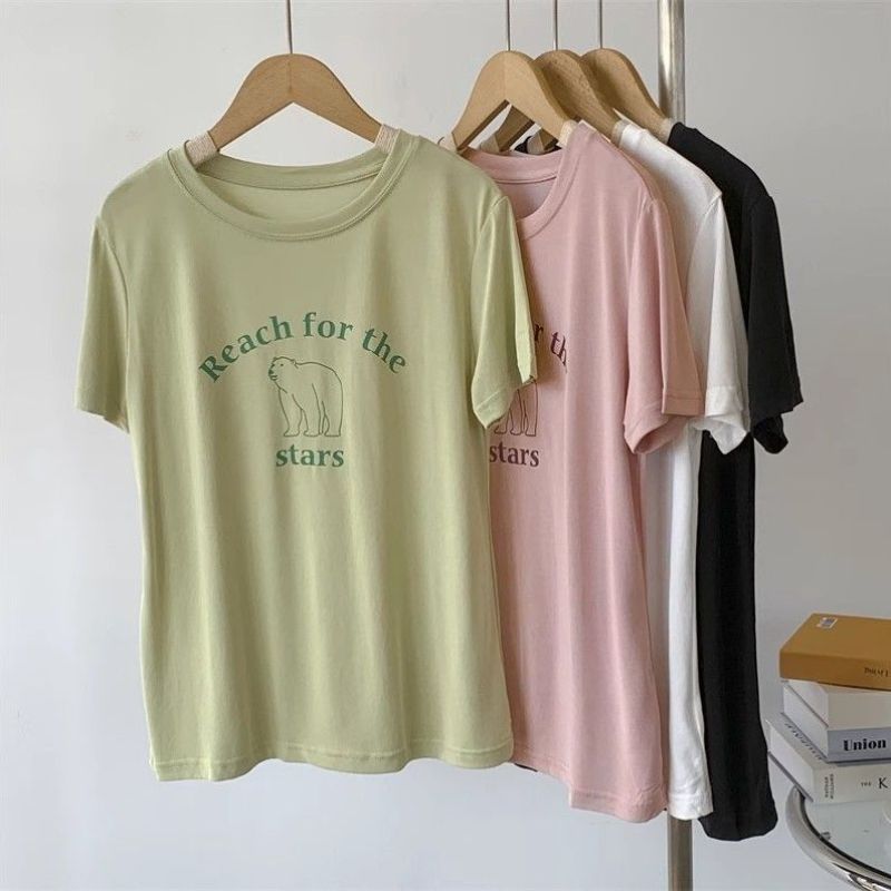 Letter Printing Short-sleeved T-shirt Women's Super Hand-feel Modal Simple All-match Soft Loose Round Neck T-shirt Top