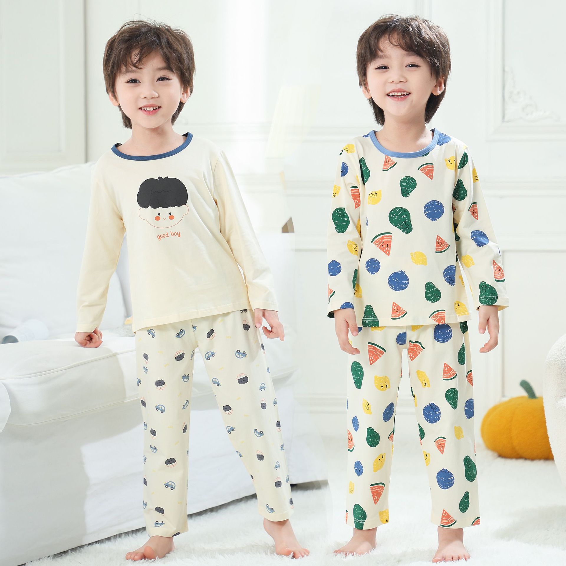 Picture of Children's Home Clothes Korean Style Pure Cotton Baby Set Class a Cotton Long-Sleeved Thin Kidsren's Clothing Boys and Girls Summer and Autumn Pajamas