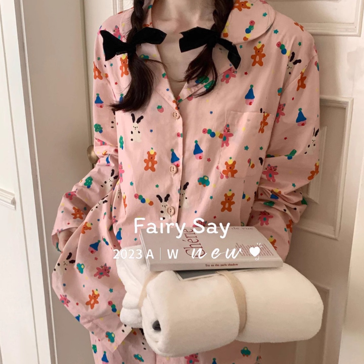 Online Celebrity Live Dopamine Color Striped Long Sleeve Pajamas Women's Loose Bubble Wrinkle Cute Cross-border suit Foreign Trade