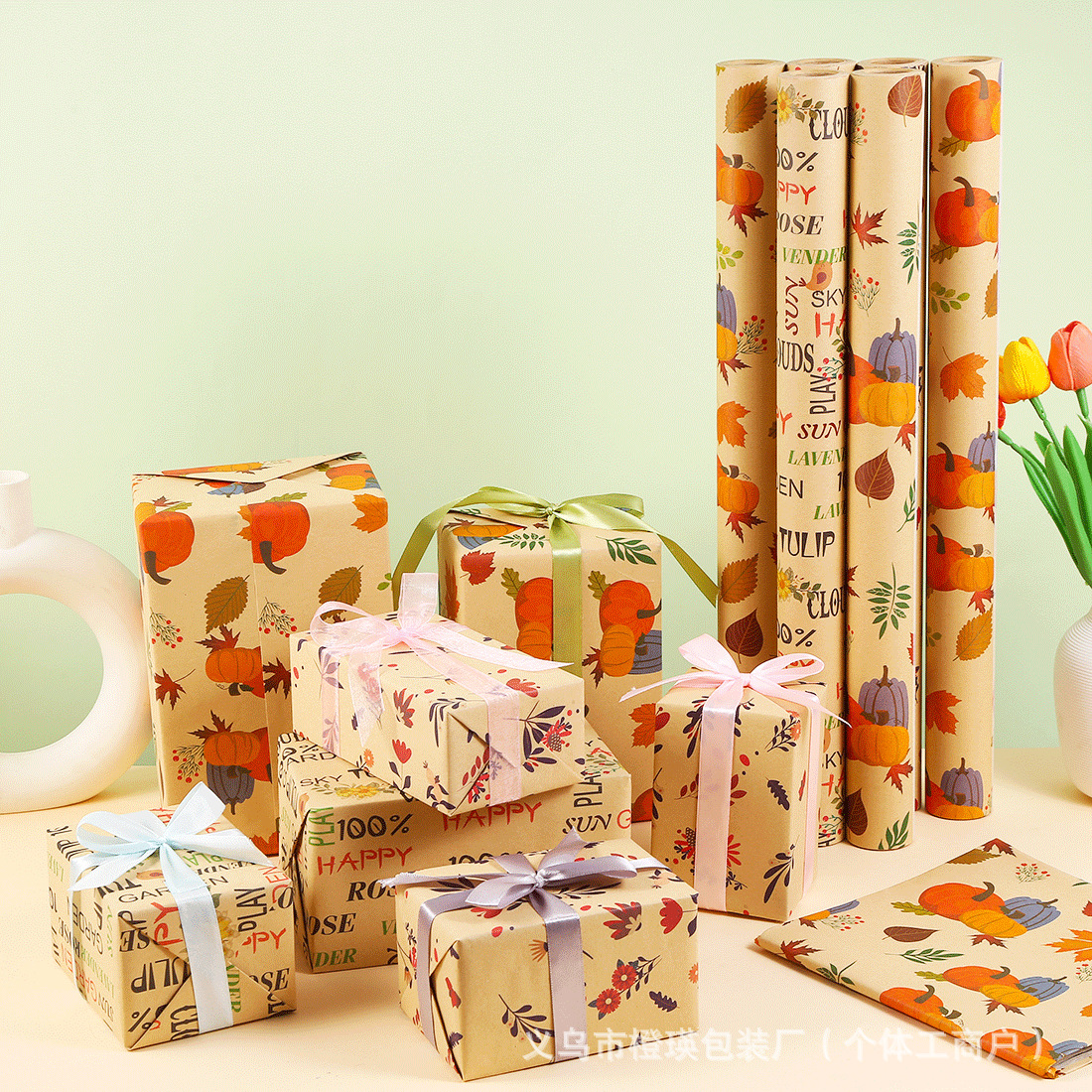 Cross-Border Spot New Plant Flower Roll Retro Cowhide Wrapping Paper Bouquet Gift Box Wrapping Paper Handmade Paper
