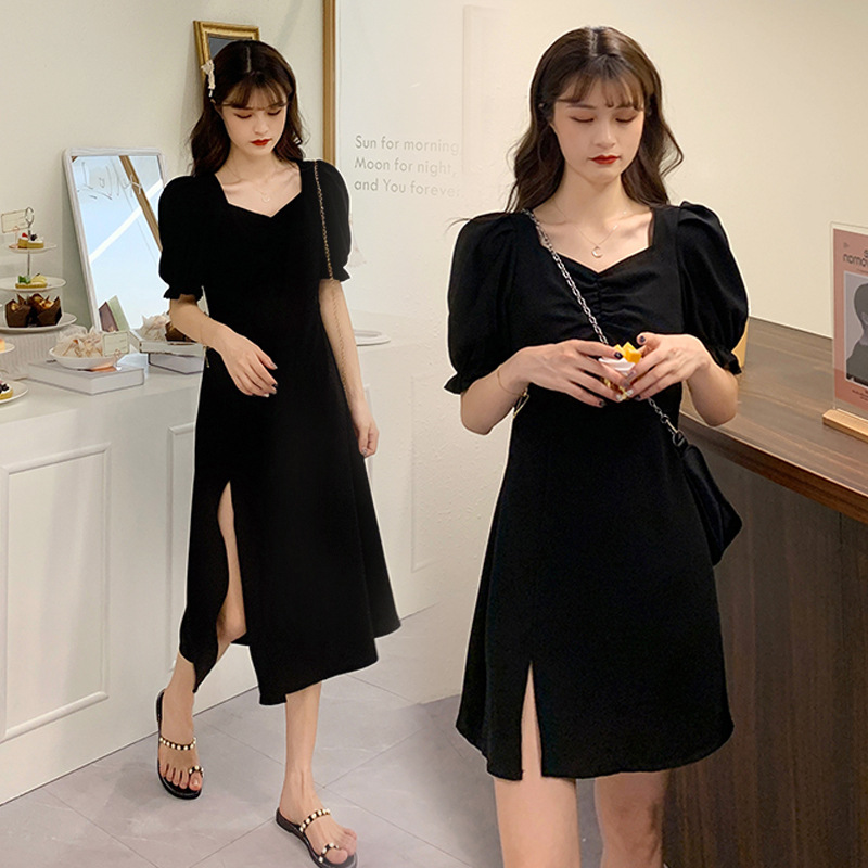 Large Size French Hepburn Style Split Dress 2023 New Chubby Girl Design Sense Skinny Small Black Dress Women's Summer