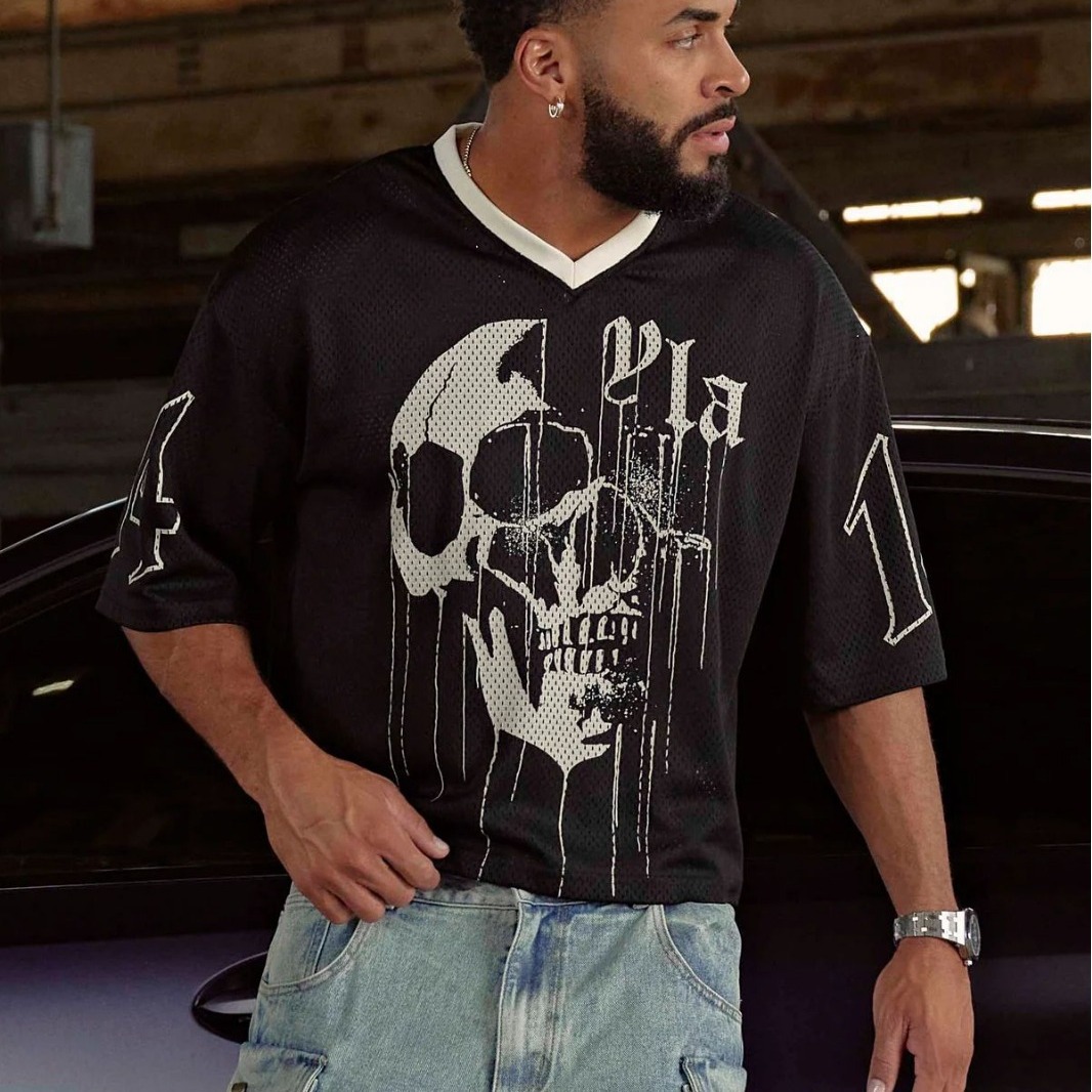 American Style Trendy Brand Oversized T-shirt Men's Sports Fitness Quick-drying Breathable Large Mesh Printed Short-sleeved Top