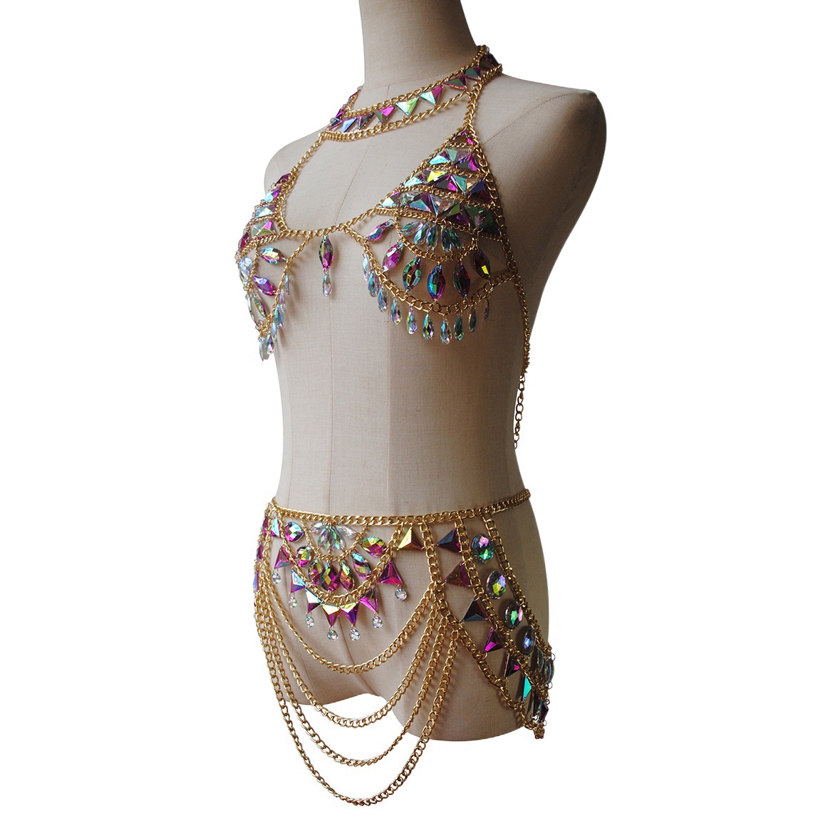 European and American cross-border jewelry sexy acrylic bra colored diamond fashion crystal pendant beach personality waist chain body chain