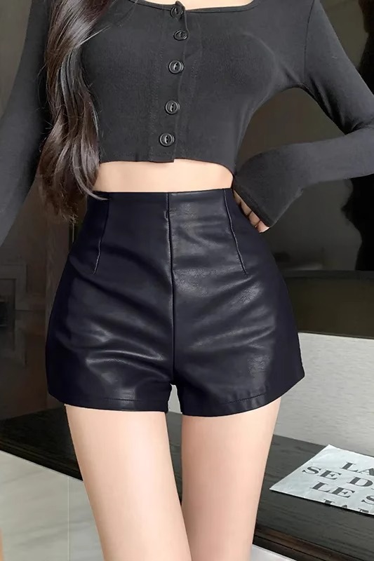 Picture of 2023 Fall/Winter plus size chubby girl Wide-legging Pants Women's High Waist Slim PU Leather Shorts Small Casual Base Boots Trendy