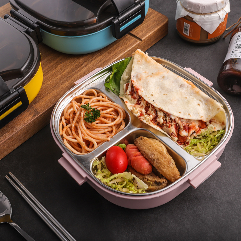 High Color Value Separated Lunch Box 304 Stainless Steel Lunch Box Insulation Partition Lunch Box Student Office Student Chopsticks Spoon Tableware