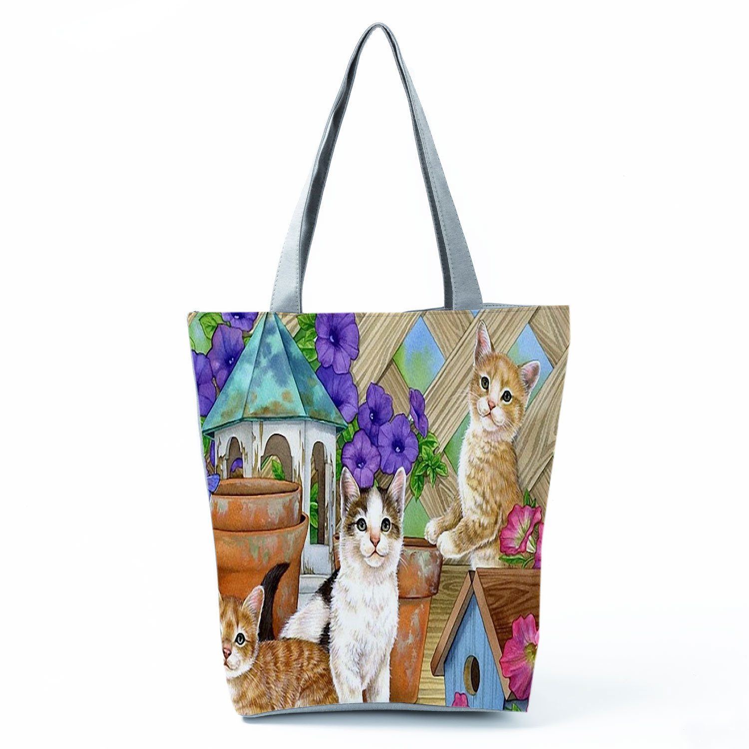 Picture of New cute flower cat printed shoulder bag portable travel storage bag large capacity outdoor tote bag