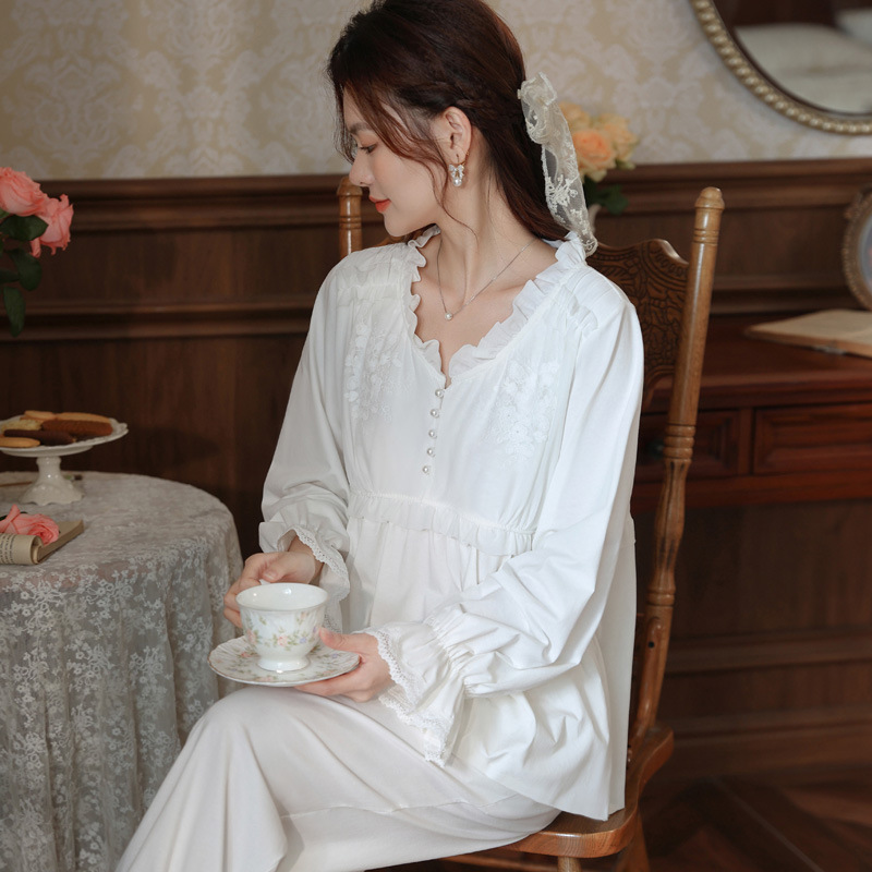 Long Sleeve pajamas pajama pants two-piece cotton court style lace French style loose outerwear home wear suit spring and autumn