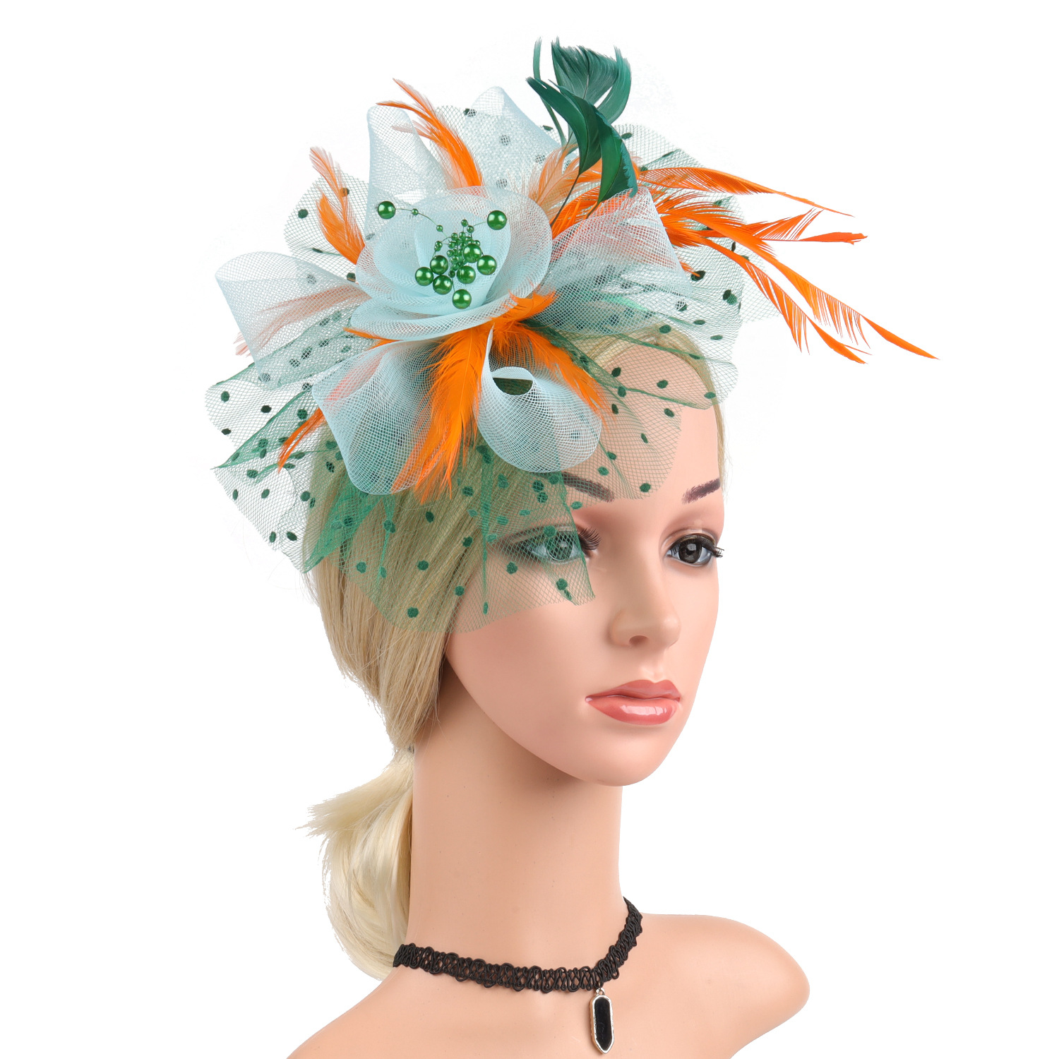Picture of European and American Popular Amazon Feather Headdress Bridal Hair Accessories Mesh Top Hat Jockey Club Hair Accessories Hairpin Headband