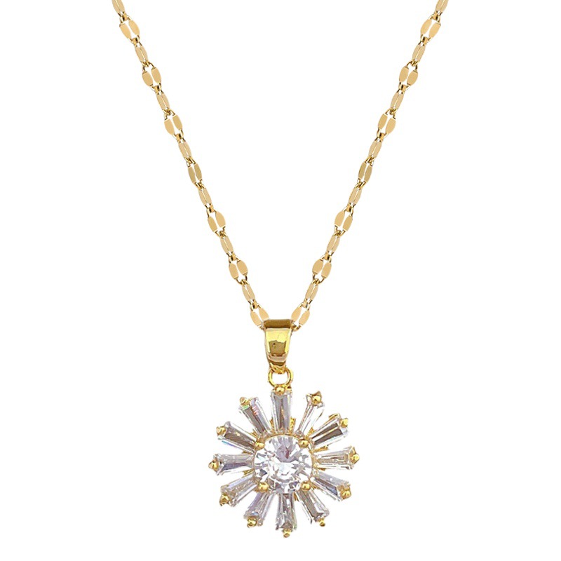 [Titanium Steel] Sun Flower Necklace and Earrings Set Light Luxury Micro-Inlaid Personalized Temperament Banquet Earrings and Necklace Set