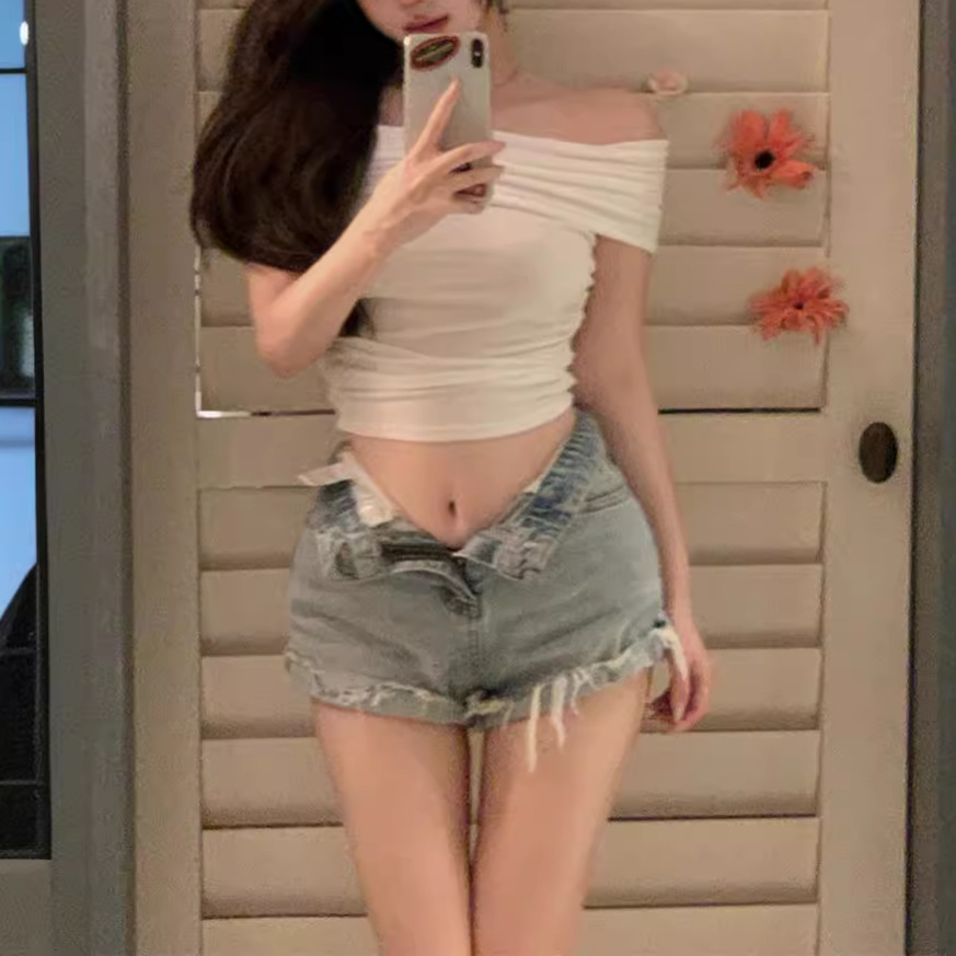 Picture of One-Shoulder T-Shirt, Slim Fit, Tight-Fitting, Waist-Cinching, Short Top, Sexy Hot Girl Base Shirt, Top for Export