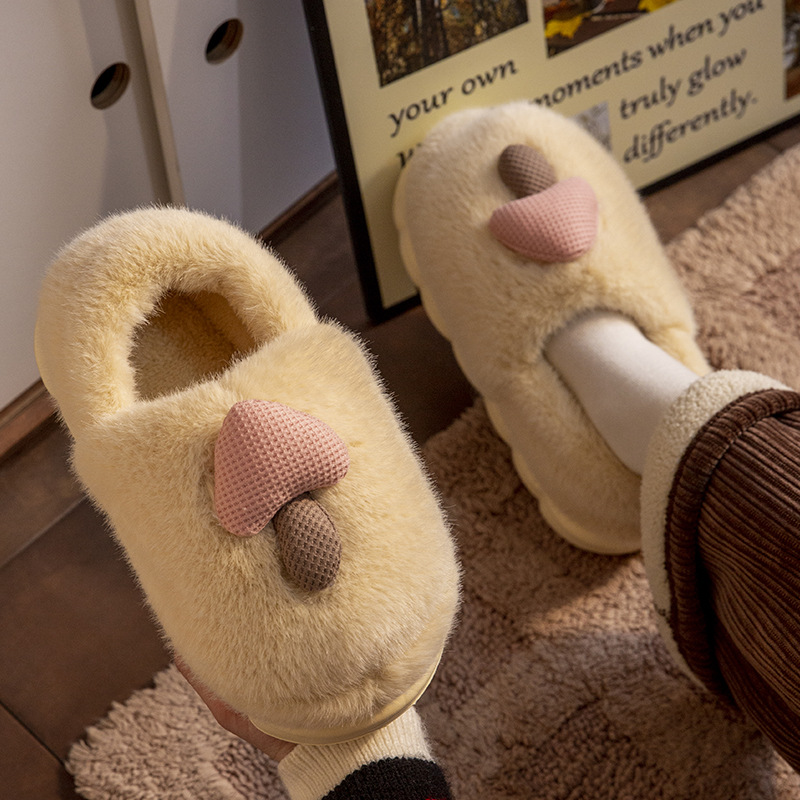 Cute Mushroom Cotton Slippers for Women in Autumn and Winter for Couples Thickeneded Indoor Home Use Non-Slip Cartoon Bag with Furry Slippers