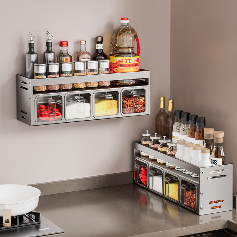 Kitchen Seasoning Rack Non-perforated Wall-mounted Countertop Multifunctional Supplies Seasoning Box and Storage Combination suit