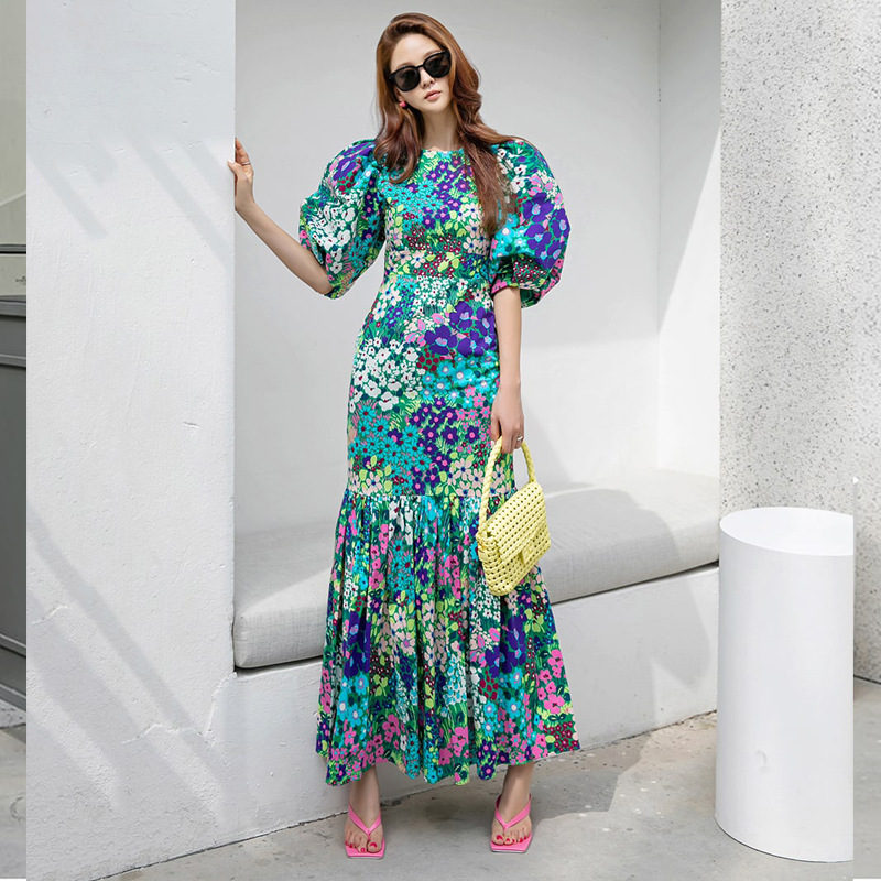 High-end European floral dress 2023 new women's summer elegant bubble sleeve French ruffled sheath dress