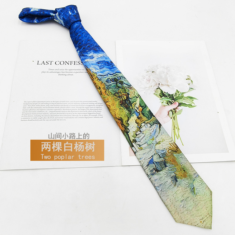 Picture of Van Gogh Oil Painting Men's Polyester Printed Vintage Tie Factory in stock Fashion Casual Tie Hand Tie 8cm