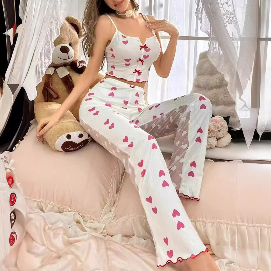 Cross-border Thin European and American Sexy Pajamas Transparent Beautiful Back Mesh Sleeveless Home Clothes Love Printed Sling Trousers
