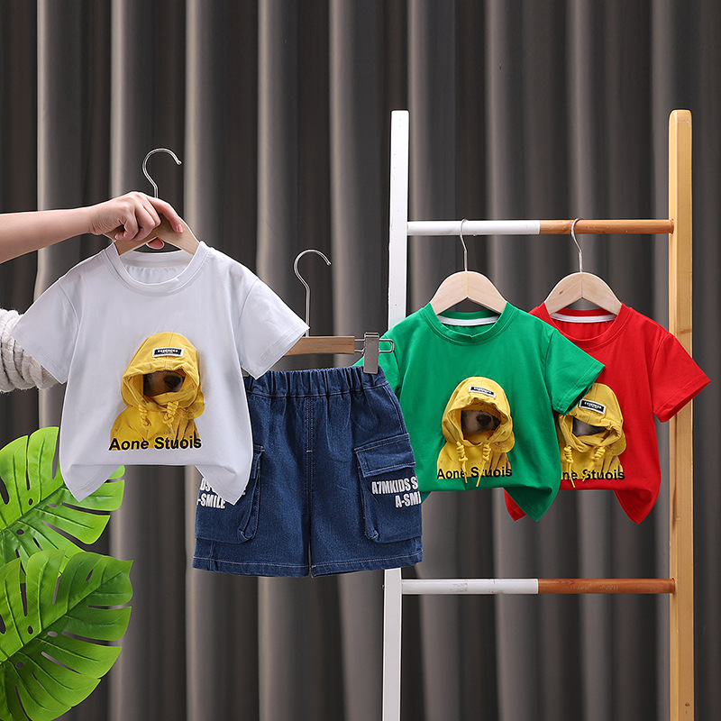 Korean version of summer short-sleeved suit summer boys baby casual sweater dog short-sleeved thin two-piece fashion direct selling