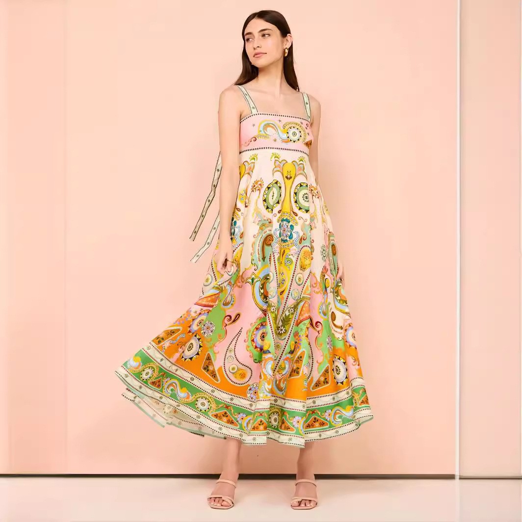 2024 New European and American Cross-border AliExpress Independent Station Sexy Sling Graffiti Cotton and Linen Printed Large dress Women
