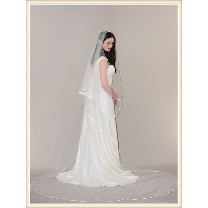 Picture of 2020 gauze white ivory edging white ivory long bridal veil double layer Chapel wedding