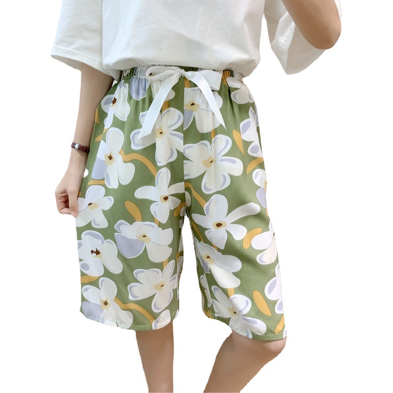 Cotton Silk Pajamas for Women Summer Thin Japanese Style Floral Loose Large Size Five-Quarter Pants Artificial Cotton New Style Can Be Worn Outside Mid-Pants