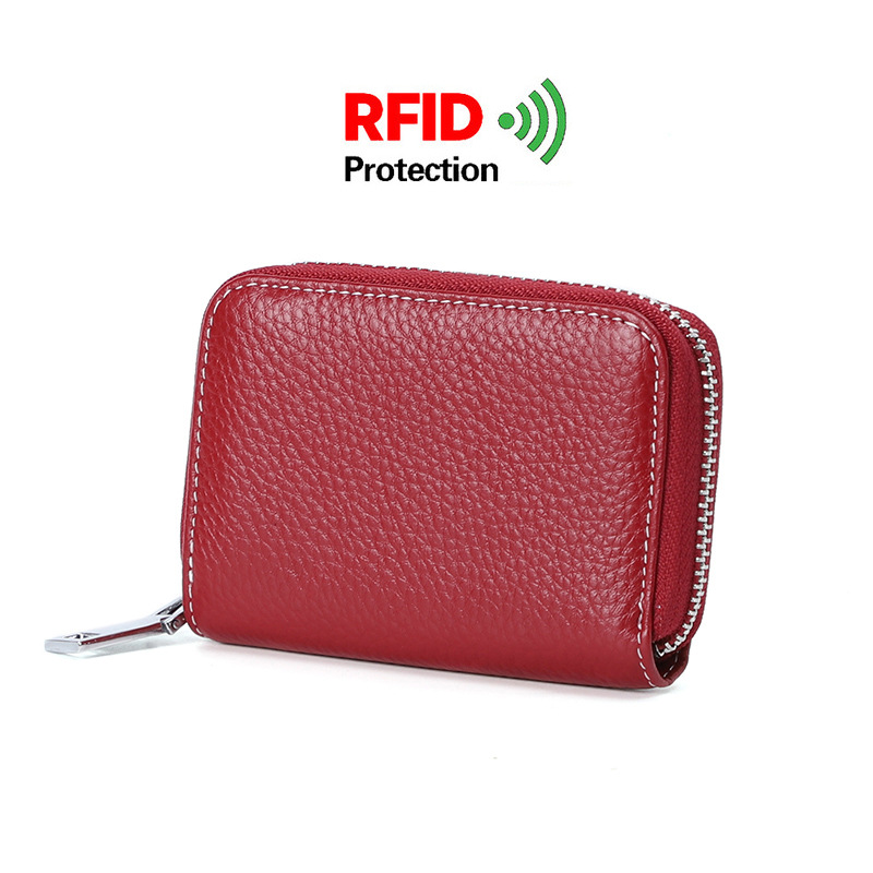 Picture of Zipper card holder unisex first layer cowhide rfid anti-theft brush magnetic leather female card holder