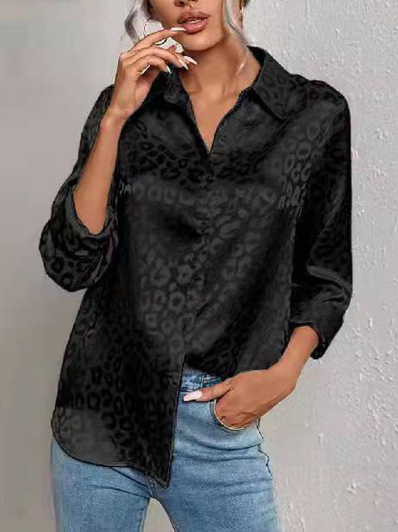 Picture of 2025 Europe and the United States Amazon cross-border new satin temperament commuter loose long sleeve jacquard leopard print shirt women
