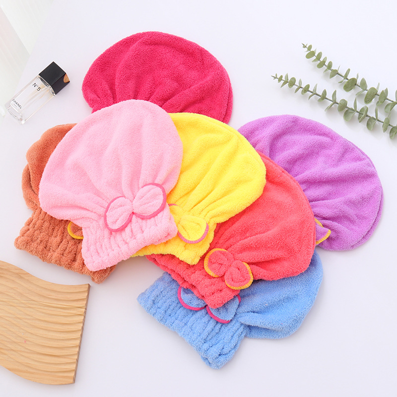 Picture of Coral Velvet Dry Hair Cap with Bow for Women, Thickeneded Shampoo Bag, Absorbent Princess Hat, Hair Factory Wholesale, Fast Water Absorption
