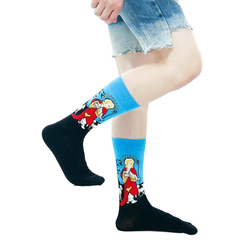 European and American fashion personality jacquard socks men's autumn and winter cotton socks lovers oil painting series sports long socks