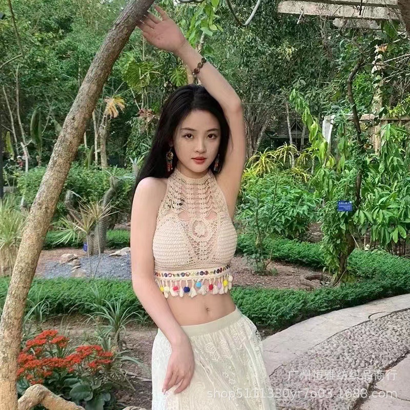 Picture of Beach Knitted Tassel Crochet Vest Popular Retro Neck Wrap Top Sexy Camisole Foreign Trade Spot