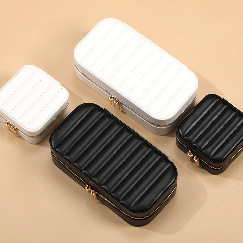 Picture of Striped Metal Zipper Jewelry Box with Mirror Jewelry Ring Necklace Storage Box Multifunctional Portable Jewelry Box