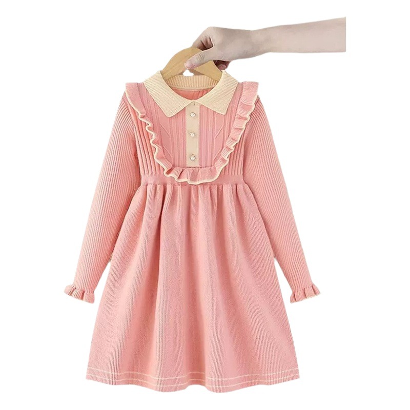Girls Autumn New Knitted Long Sleeve Lapel dress Fashion Western Style Academic Style Autumn and Winter Children's Sweater Dress
